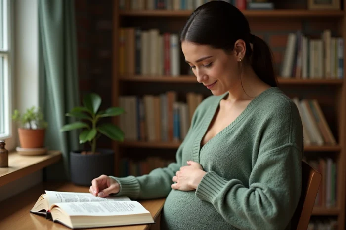 Femme enceinte lisant un livre sur le développement du foetus en posant la main sur son ventre dans un bureau à domicile
