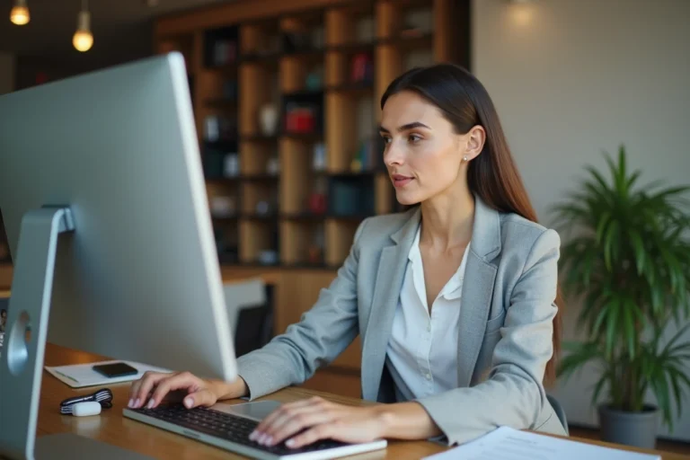 Femme professionnelle explorant la structure d'un site de formation en ligne sur un ordinateur de bureau dans un environnement de travail moderne