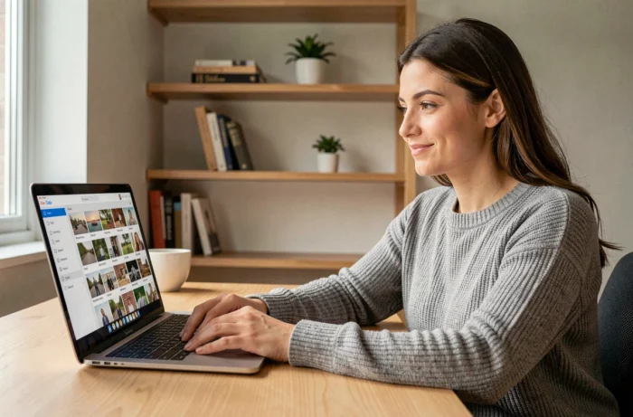 Femme utilisant Amazon Photos sur un ordinateur portable dans un bureau à domicile moderne