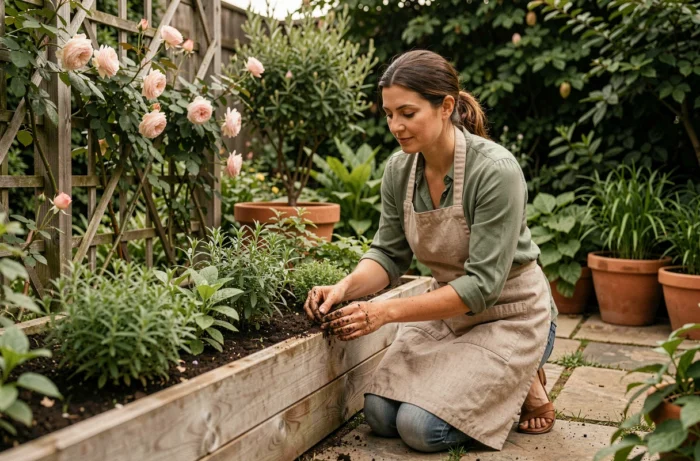 Femme jardinant dans un potager surélevé en bois entouré de rosiers grimpants et de plantes aromatiques dans un jardin verdoyant