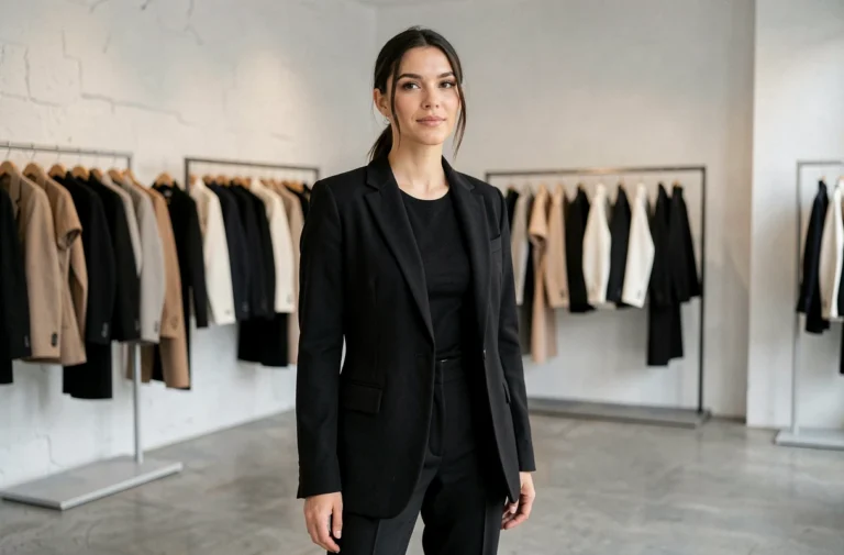 Femme élégante en tenue entièrement noire dans une boutique de mode minimaliste parisienne, illustrant le noir comme couleur féminine intemporelle