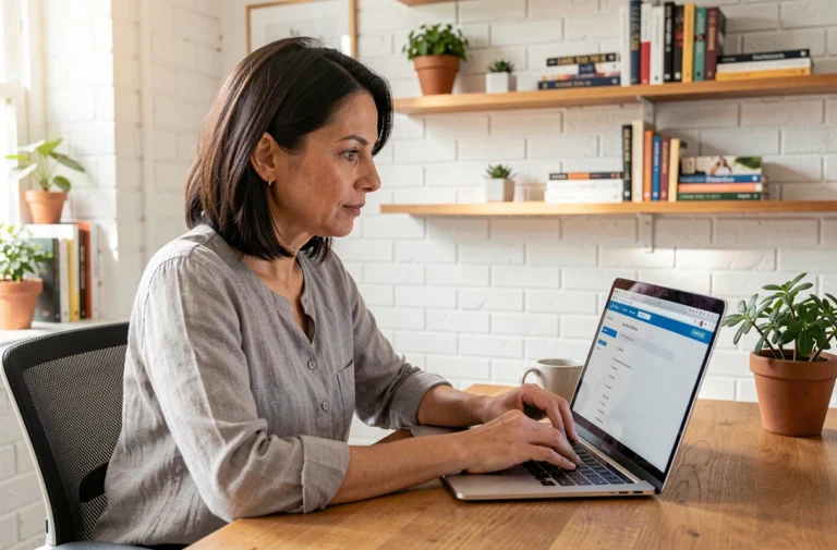 Femme consultant le plan du site Femmes Du Monde sur un ordinateur portable dans un bureau à domicile