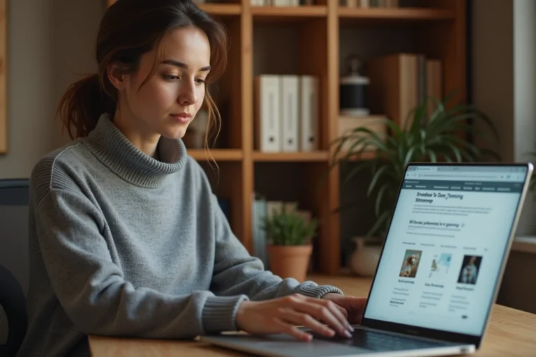Femme naviguant sur le plan du site Attitude Canine depuis un ordinateur portable dans un bureau à domicile