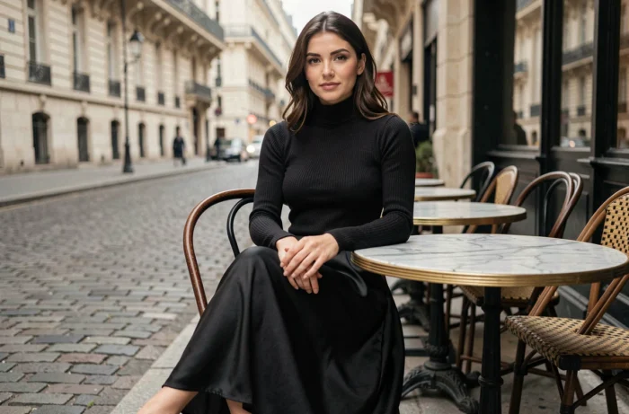 Jeune femme vêtue de noir de la tête aux pieds assise en terrasse de café parisien, évoquant l'élégance du noir dans la mode féminine contemporaine