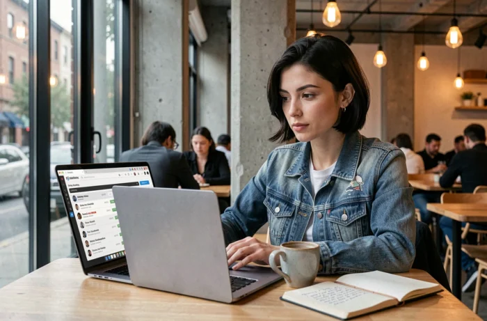 Jeune femme explorant une plateforme de modding sur son ordinateur portable dans un café urbain