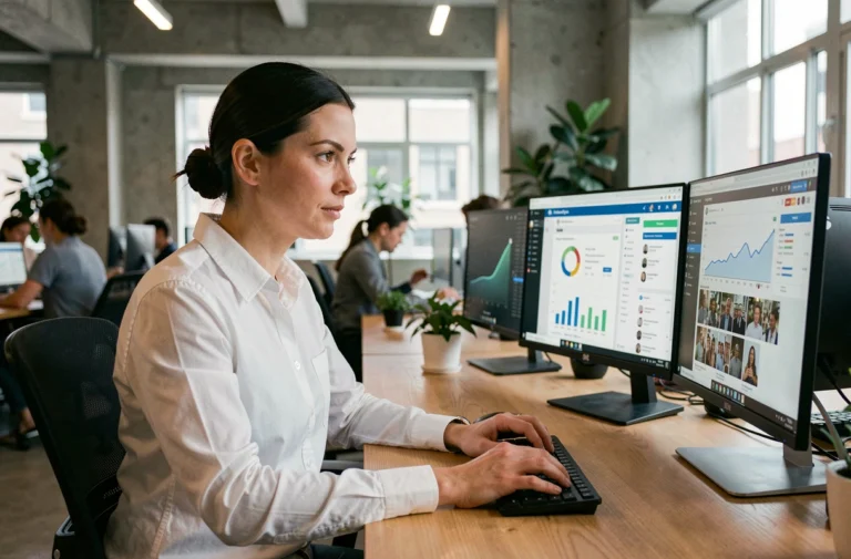 Femme professionnelle consultant des tableaux de bord numériques et des flux d'actualités web sur plusieurs écrans dans un espace de coworking moderne