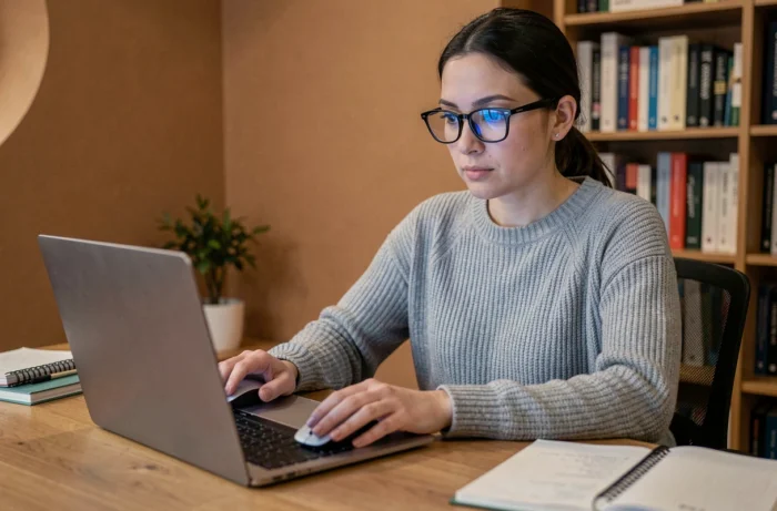 Femme en télétravail cherchant des ressources fiables à télécharger sur internet depuis son bureau à domicile