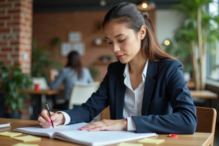 Femme professionnelle en blazer marine révisant son CV dans un espace de coworking moderne avec des notes autocollantes sur le bureau