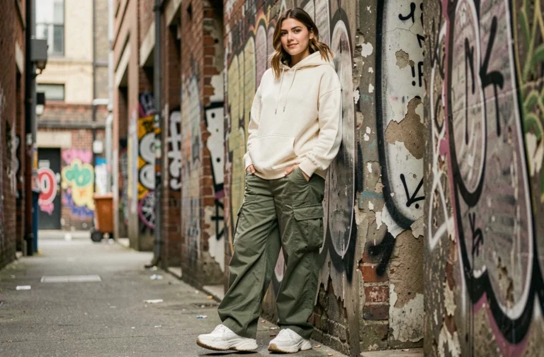Jeune femme en tenue streetwear avec hoodie oversize et cargo pants olive dans une ruelle urbaine graffitée
