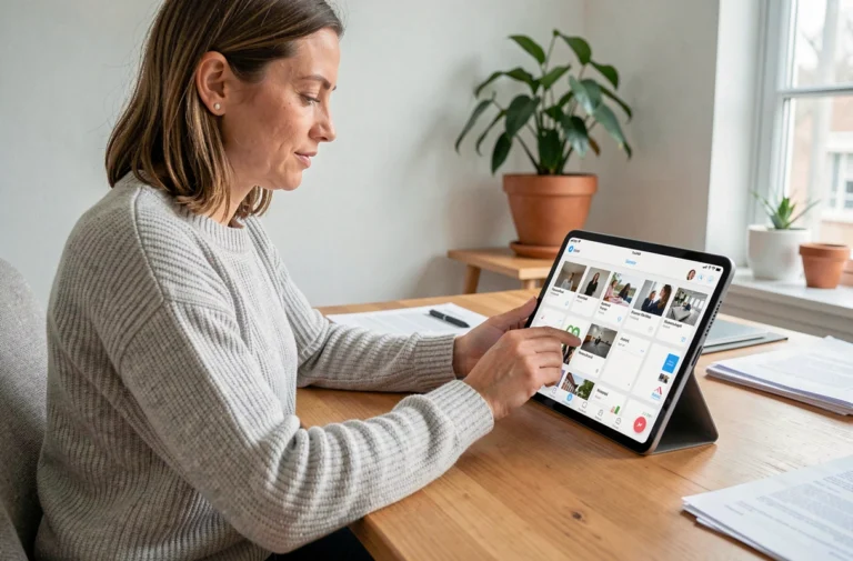 Femme utilisant une tablette pour explorer un plan de navigation de contenu sur une application de streaming