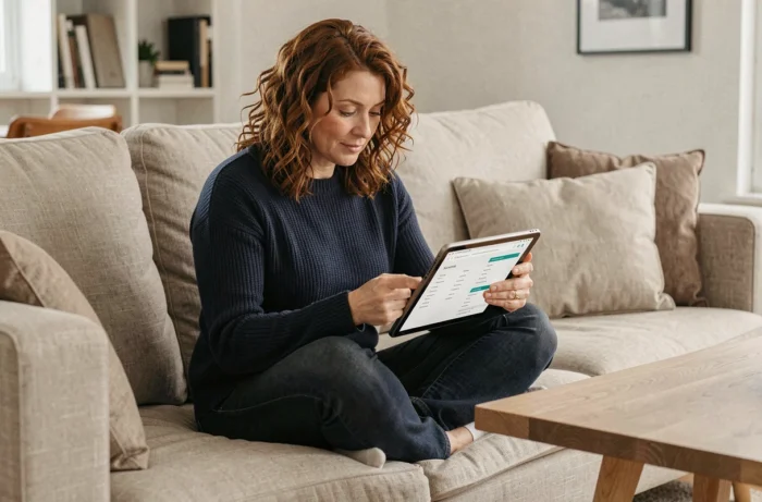 Femme utilisant une tablette pour explorer le plan de navigation du site Femmes Du Monde depuis son salon