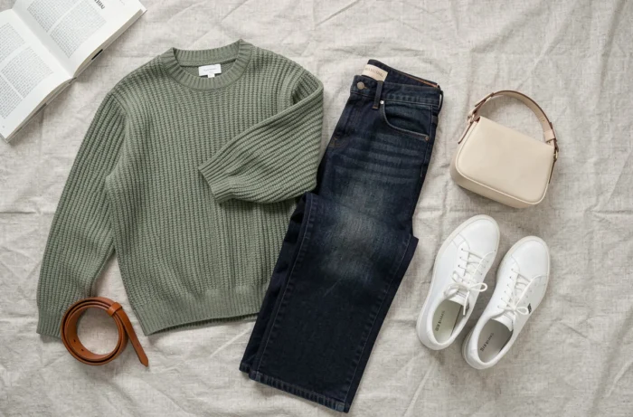 Flat lay de vêtements et accessoires tendance de saison sur fond lin, incluant pull tricoté, jean, sac en cuir et sneakers blanches