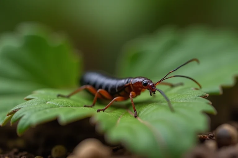 Gros plan sur un forficule (perce-oreille) posé sur une feuille verte dans un jardin, montrant ses pinces caractéristiques et son corps brun segmenté