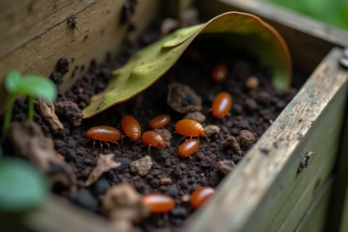 Plusieurs perce-oreilles forficules se déplaçant dans un bac à compost en bois parmi des matières végétales en décomposition et de l'écorce humide