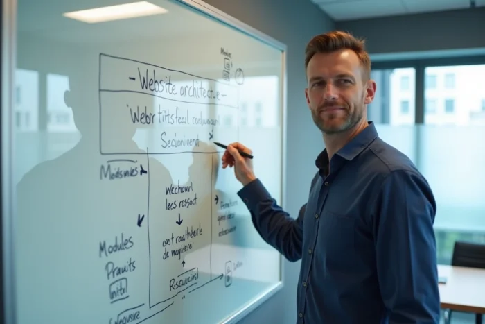 Formateur expliquant la structure d'un site de formation professionnelle à l'aide d'un schéma d'architecture sur un tableau blanc