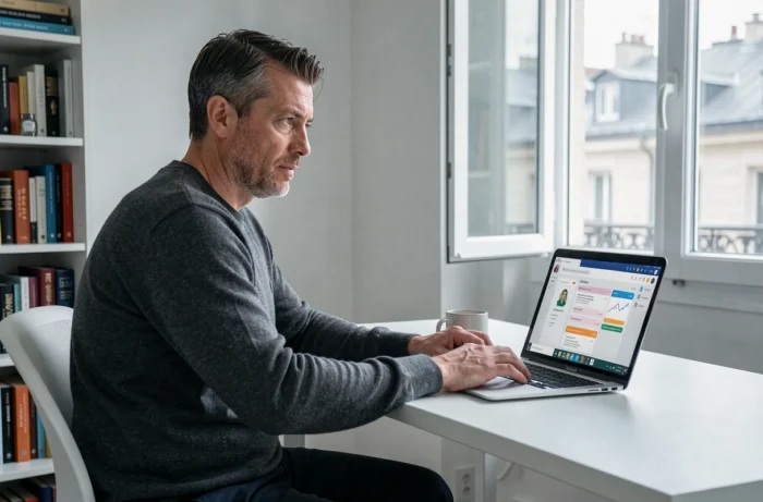 Homme en télétravail suivant une formation en ligne sur son ordinateur portable dans un appartement parisien