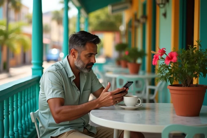 Homme consultant les fuseaux horaires France et Martinique sur son téléphone depuis une terrasse caribéenne