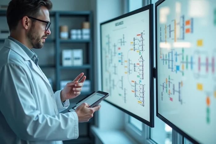 Généticien expliquant un diagramme de consanguinité sur écran dans un laboratoire universitaire français