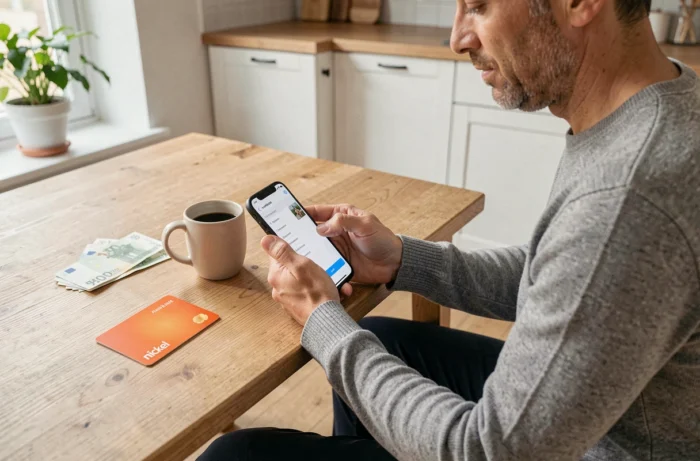 Homme consultant une application bancaire sur smartphone avec une carte Nickel et des billets en euros posés sur une table, évoquant la gestion des plafonds de retrait