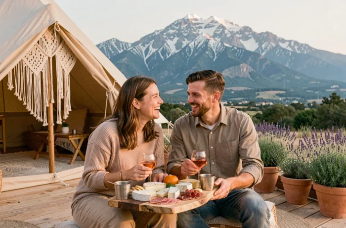 Couple profitant d'un glamping en Occitanie avec plateau de fromages et vue panoramique sur les Pyrénées enneigées
