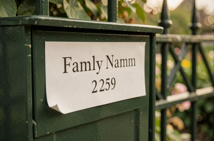 Gros plan d'une étiquette de boîte aux lettres imprimée avec nom de famille et numéro de maison sur métal vert