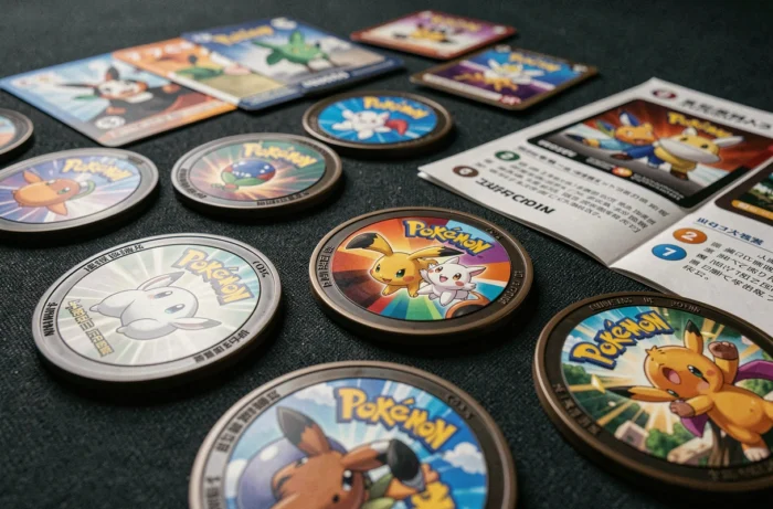 Gros plan sur une collection de jetons Pokémon Ripraz disposés sur un tapis de jeu sombre avec des cartes et une notice