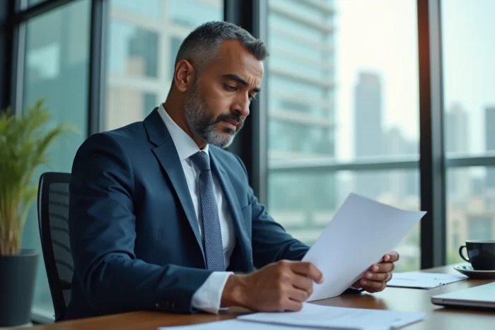Hakim Benotmane, entrepreneur accompli, examinant des documents d'entreprise dans un bureau moderne avec vue sur la ville
