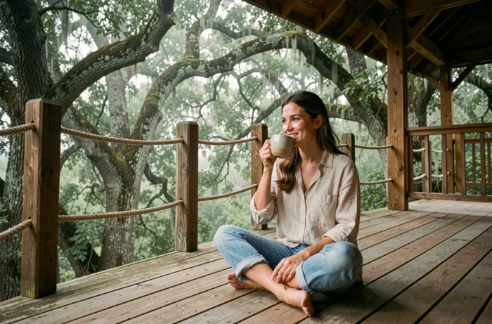 Femme se relaxant sur la terrasse en bois d'une cabane dans les arbres entourée de forêt