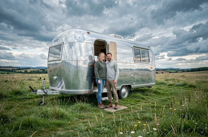 Couple devant une caravane Airstream vintage dans une prairie verdoyante de la campagne française