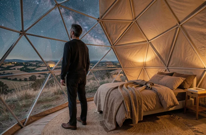 Homme contemplant le ciel étoilé depuis l'intérieur d'un dôme géodésique en Provence