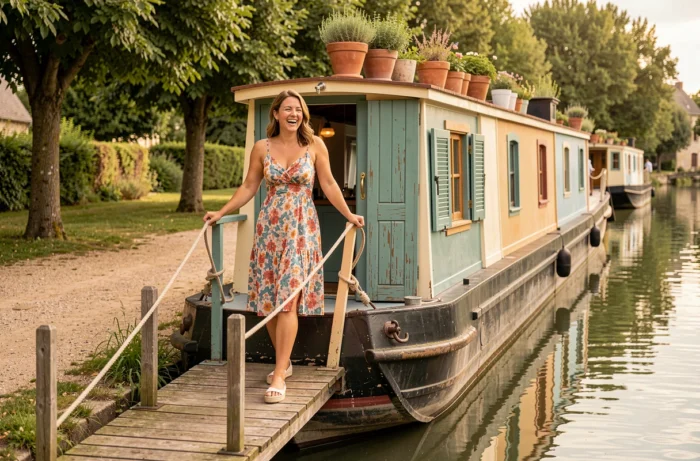 Jeune femme débarquant d'une péniche traditionnelle amarrée sur un canal en Bourgogne
