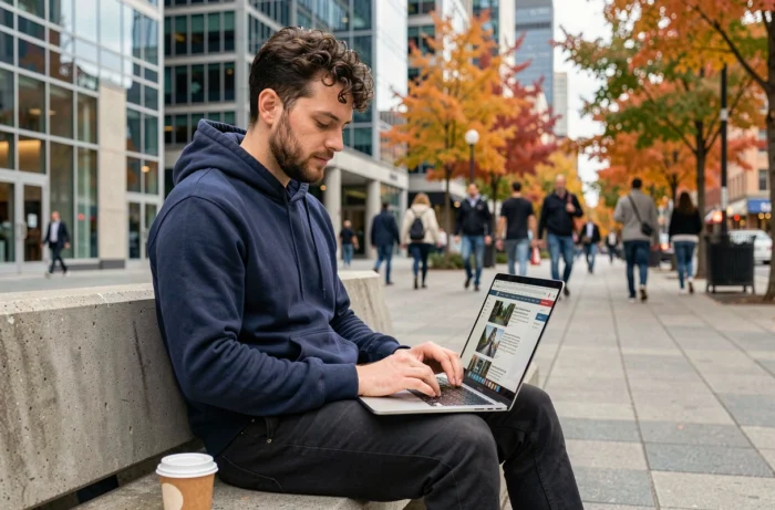 Jeune homme consultant les dernières actualités numériques sur un ordinateur portable en plein air dans un environnement urbain animé