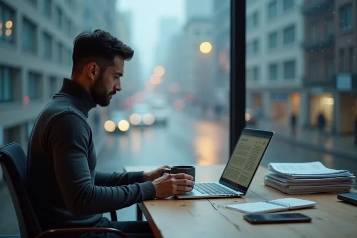 Homme consultant des analyses d'innovation et de communication sur un ordinateur dans un cadre urbain contemporain