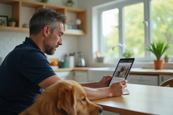 Homme avec son chien consultant le plan de navigation du site Attitude Canine sur une tablette