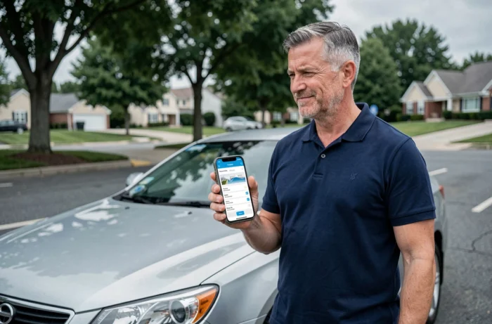Homme comparant des offres d'assurance auto sur smartphone debout à côté de sa voiture