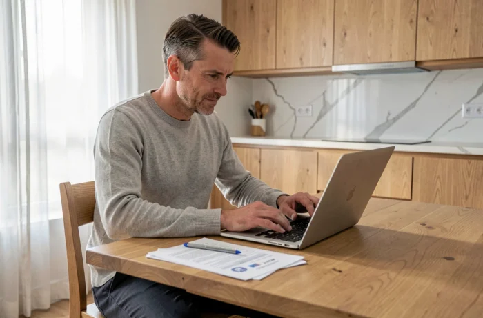 Homme remplissant une demande de crédit en ligne depuis son domicile avec des documents financiers