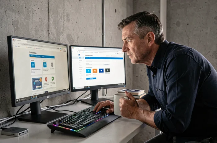 Homme utilisant un double écran pour naviguer et télécharger des fichiers en toute sécurité sur le web