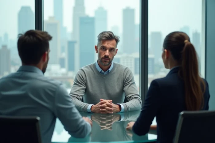 Homme en entretien d'embauche dans une salle de conférence moderne avec vue sur une skyline urbaine