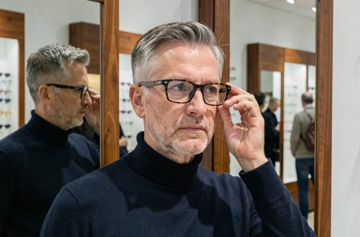 Homme essayant des lunettes rectangulaires écaille devant un miroir dans un magasin d'optique