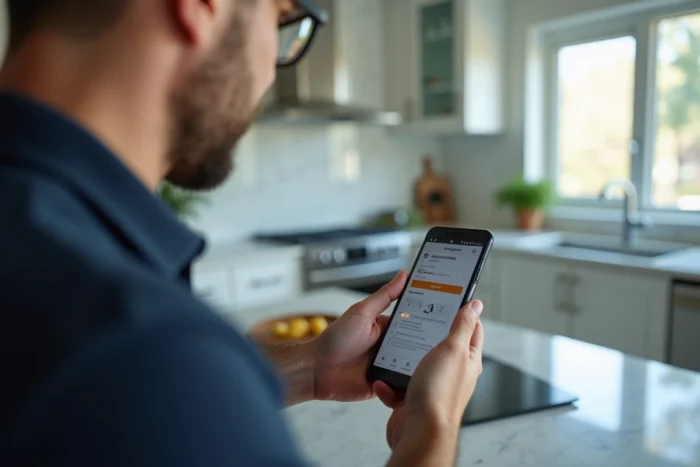 Homme utilisant l'application mobile Amazon sur smartphone pour masquer une commande depuis la cuisine