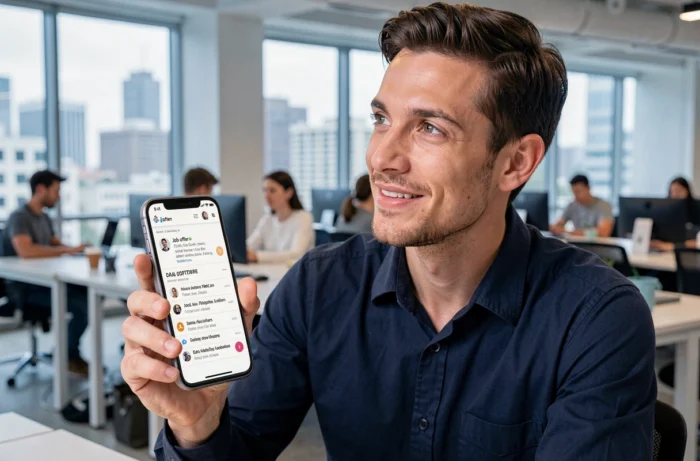 Homme recevant des notifications d'offres d'emploi par email sur son smartphone dans un coworking