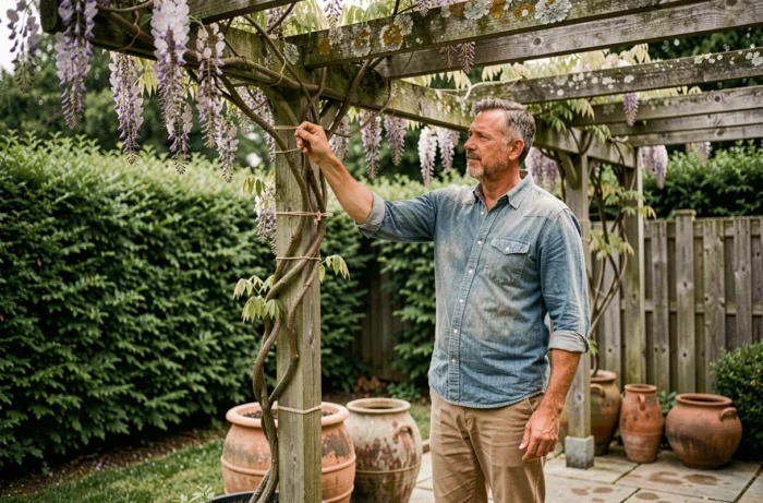 Homme entretenant une glycine grimpante sur une pergola en bois dans un jardin avec terrasse en pierre naturelle