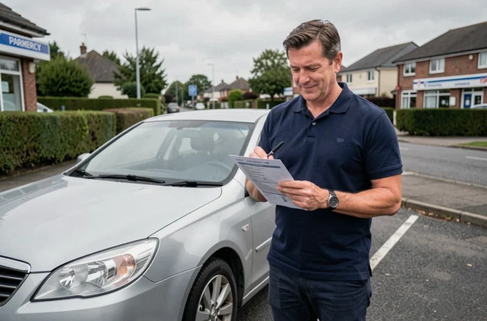 Homme tenant une police d'assurance auto debout devant sa voiture familiale dans un quartier résidentiel, illustrant le choix d'une couverture adaptée