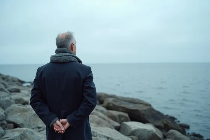 Homme en manteau bleu marine de dos sur un rivage rocheux suédois, contemplant la mer grise, atmosphère de suspense et de solitude