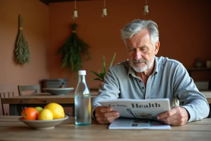 Homme senior lisant un magazine de santé à table avec une bouteille d'eau Saint Antonin, dans une ambiance de maison de campagne française évoquant bien-être digestif