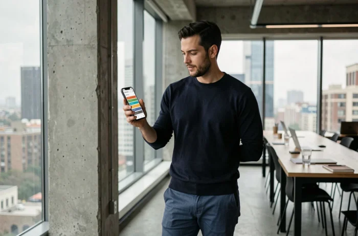 Homme consultant un plan de contenu structuré sur smartphone dans un espace de coworking moderne