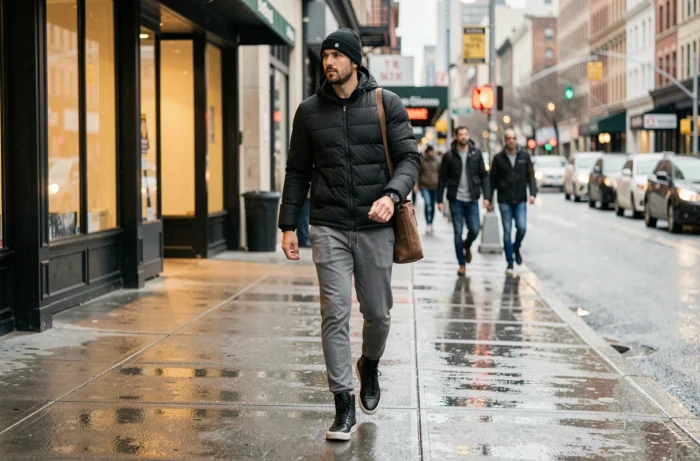 Homme en streetwear urbain avec doudoune noire et joggers gris marchant sur un trottoir mouillé en ville