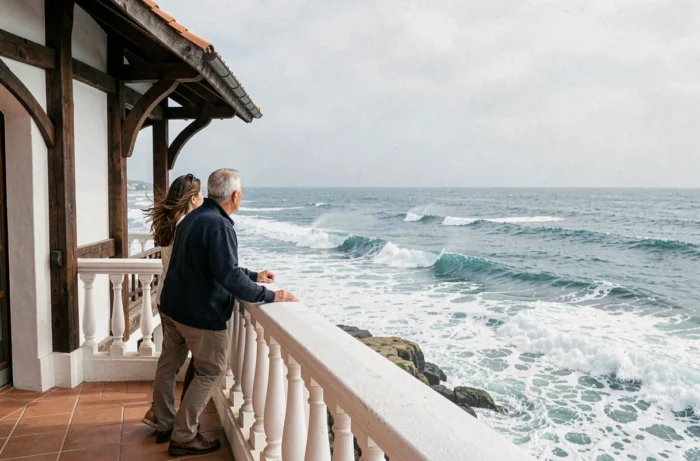 Couple sur la terrasse d'un hôtel à Guéthary face à l'Atlantique, avec l'architecture basque traditionnelle en arrière-plan