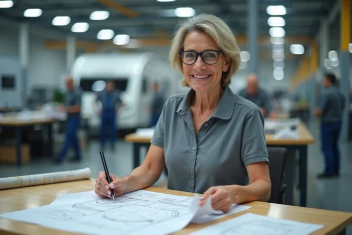 Ingénieure contrôle qualité étudiant les plans techniques d'une caravane dans un bureau d'usine français