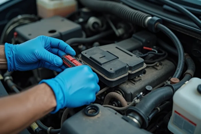Mécanicien inspectant les connecteurs électriques et l'unité de contrôle moteur d'une Renault pour identifier la cause du code DTC038061
